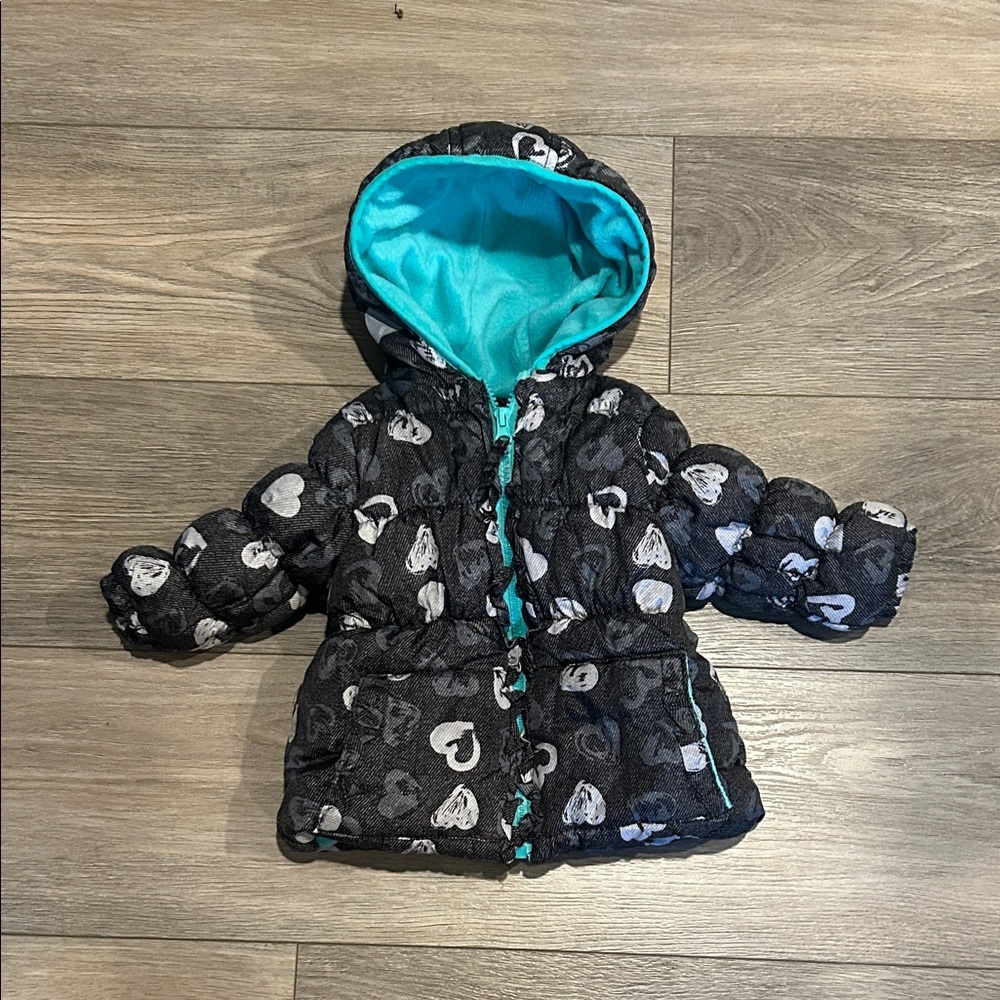 Pink Platinum Teal/Black Puffer Jacket with Heart design Size 12 Months